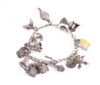 A silver 'charm' bracelet on a padlock clasp with charms.