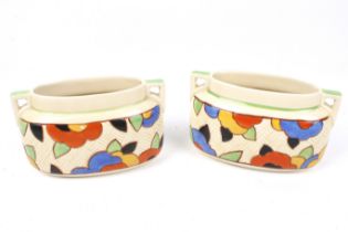 A pair of vintage Royal Doulton Art Deco rectangular twin handle vases.