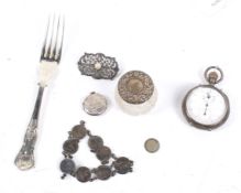 A Victorian silver cased open face keyless pocket watch and other items.