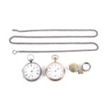 Two pocket watches an a brass jewellers loupe on an unmarked long chain.