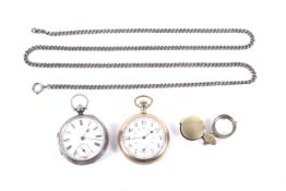 Two pocket watches an a brass jewellers loupe on an unmarked long chain.