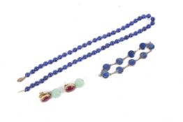 A pair of Chinese gem set earrings, and a lapis lazuli necklace and bracelet.