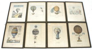 Hot air balloon interest, set of eight coloured re print coloured prints. Framed and glazed.