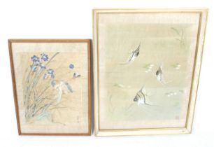 Two Chinese paintings. Comprising a silk painting of fish, 45cm x 34.