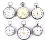 A group of six silver cased open-face pocket and fob watches. A 'J.W.