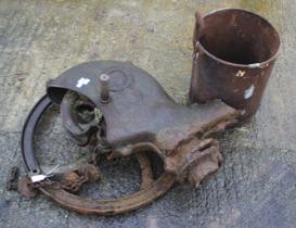 Two vintage cast iron items. Including 'Bamfords Uttoeter' and a bucket. Max.