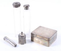 A small collection of silver and other items including a silver mounted square cigarette box.