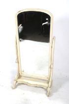 A bevelled edge cheval mirror. The frame painted white, raised on cabriole supports, H157cm x W76.