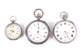 Three silver-cased open-face pocket or fob watches.