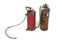 Two vintage fire extinguishers. Comprising of a 'Waterloo' and a 'Nesthill' stirrup pump type. Max.