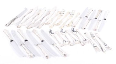 A collection of silver and plated flatware including a William IV silver fiddle pattern dessert