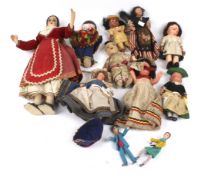 A group of vintage national costume dolls. Mostly hard plastic, some rag doll. Max. H30cm.