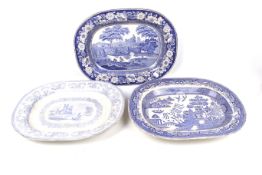 Three Victorian blue and white transfer printed meat plates.