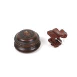 Two pieces of treen. Comprising a mushroom netsuke and a circular marquetry pill box. Max.