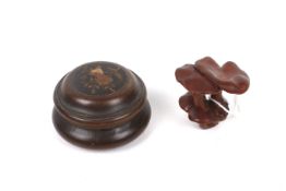 Two pieces of treen. Comprising a mushroom netsuke and a circular marquetry pill box. Max.