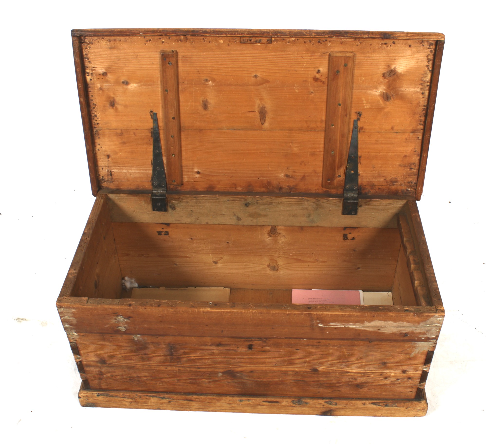 A pine blanket box. With twin handles, on a plinth base, H41cm x W94cm x D47. - Image 2 of 2