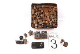 A collection of vintage rubber ink stamps. Including numbers, letters, etc. Various sizes.
