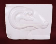 A ceramic plaque in the manner of Keith Murray. In the form of a stylised ram.