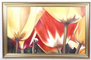 A large Spanish oil on canvas painting. Depicting tulips signed and dated verso, framed.