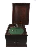 A HMV tabletop mahogany case wind up gramophone.