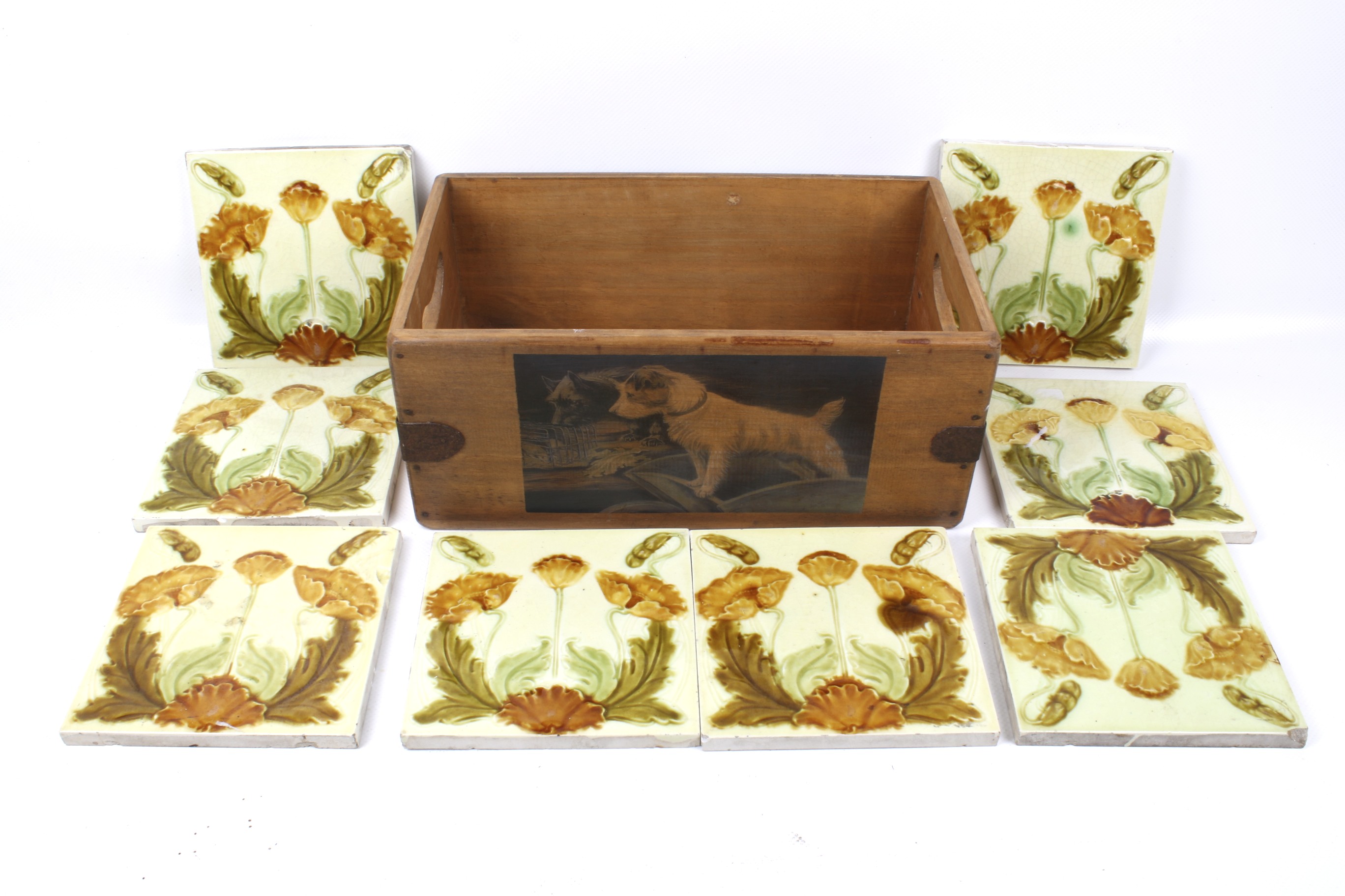 Set of eight Art Nouveau ceramic wall fire side tiles.