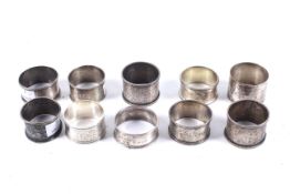 Ten various Victorian and later silver napkin rings.