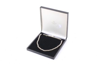 A cultured-pearl single row necklace knotted on a 9ct gold clasp. Approx.