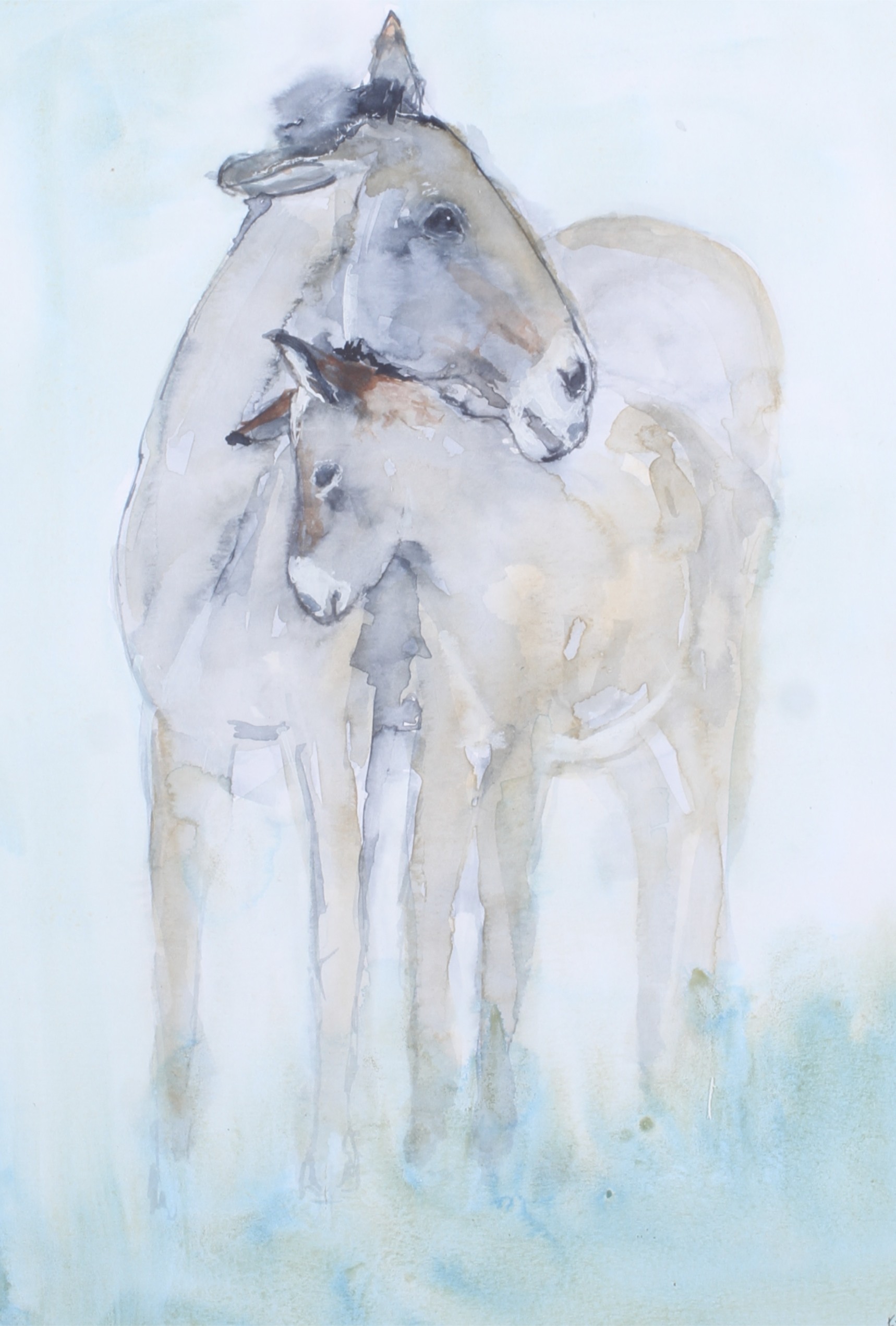 A contemporary watercolour of two donkeys.