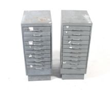 A pair of vintage multi-drawer metal filing cabinets. Each with ten drawers, H74.5cm x W30.