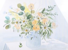 A large contemporary watercolour of a floral still life.