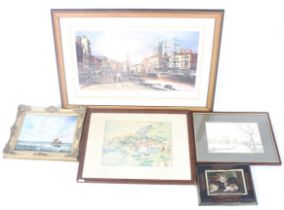 A collection of five assorted pictures. Including limited edition print, oil on board, etc.