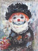 A 1960s oil on canvas, portrait of an unhappy clown.
