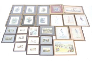 An assortment of framed prints.