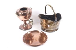 A Victorian and later copper hot water dispenser, tray and brass coal bucket.