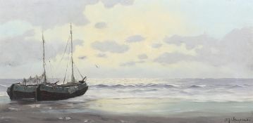 H J Wynddando ?, (Dutch, 20th century), oil on canvas, two sail barges.