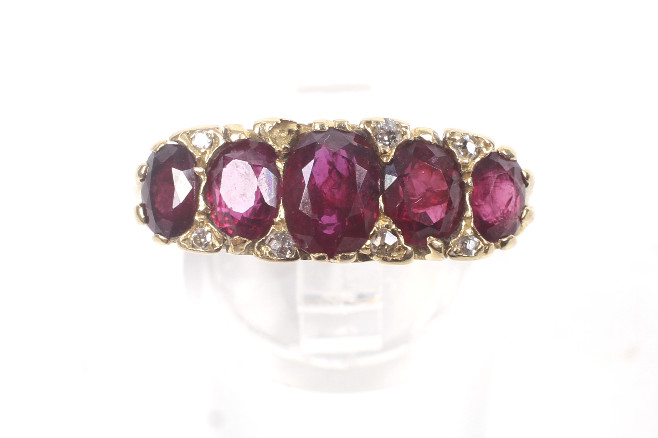 A vintage 18ct gold, ruby and diamond carved half-hoop ring in late Victorian style. - Image 3 of 8