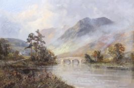 Francis E Jamieson (1895-1950), oil on canvas, bridge over a Highland river 'in the Trossachs'.