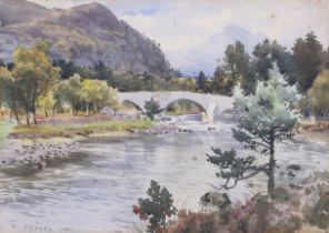 Benjamin J Ottewell (1847-1937), watercolour, bridge over a river in the Highland.