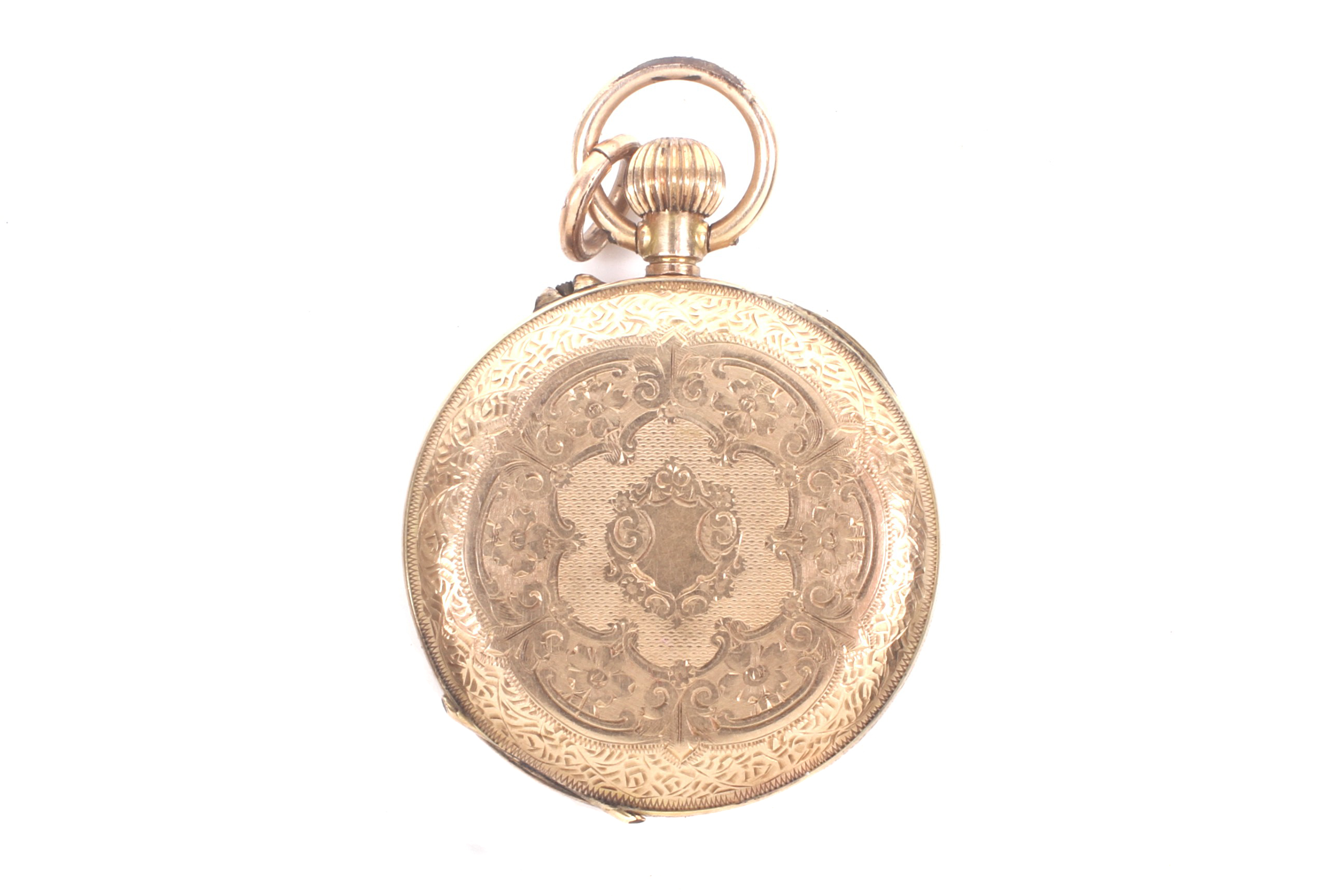 An early 20th century Swiss gold open face keyless fob watch. - Image 2 of 4