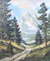 Tyrolean School, mid-late 20th century, oil on canvas, view of a mountain through the fir trees.