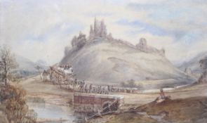 19th century, English School, social history watercolour, 'Corfe Castle', Dorset.