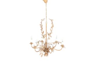 A gilt metal six branch chandelier decorated with branches of leaves and fruits.