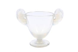A circa 1925 Rene Lalique 'Beliers' opalescent vase of two handled pedestal trophy form.
