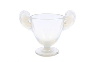 A circa 1925 Rene Lalique 'Beliers' opalescent vase of two handled pedestal trophy form.