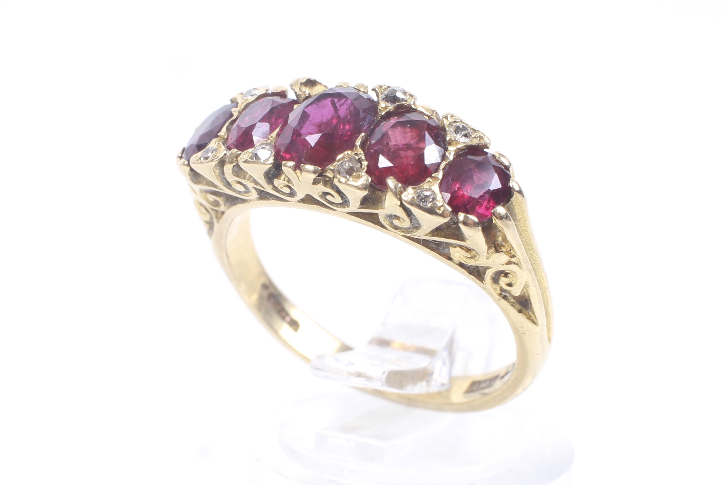 A vintage 18ct gold, ruby and diamond carved half-hoop ring in late Victorian style. - Image 5 of 8