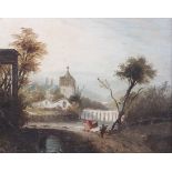 19th century, Romantic School, oil on mahogany panel, figures by a river, building etc.