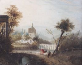 19th century, Romantic School, oil on mahogany panel, figures by a river, building etc.
