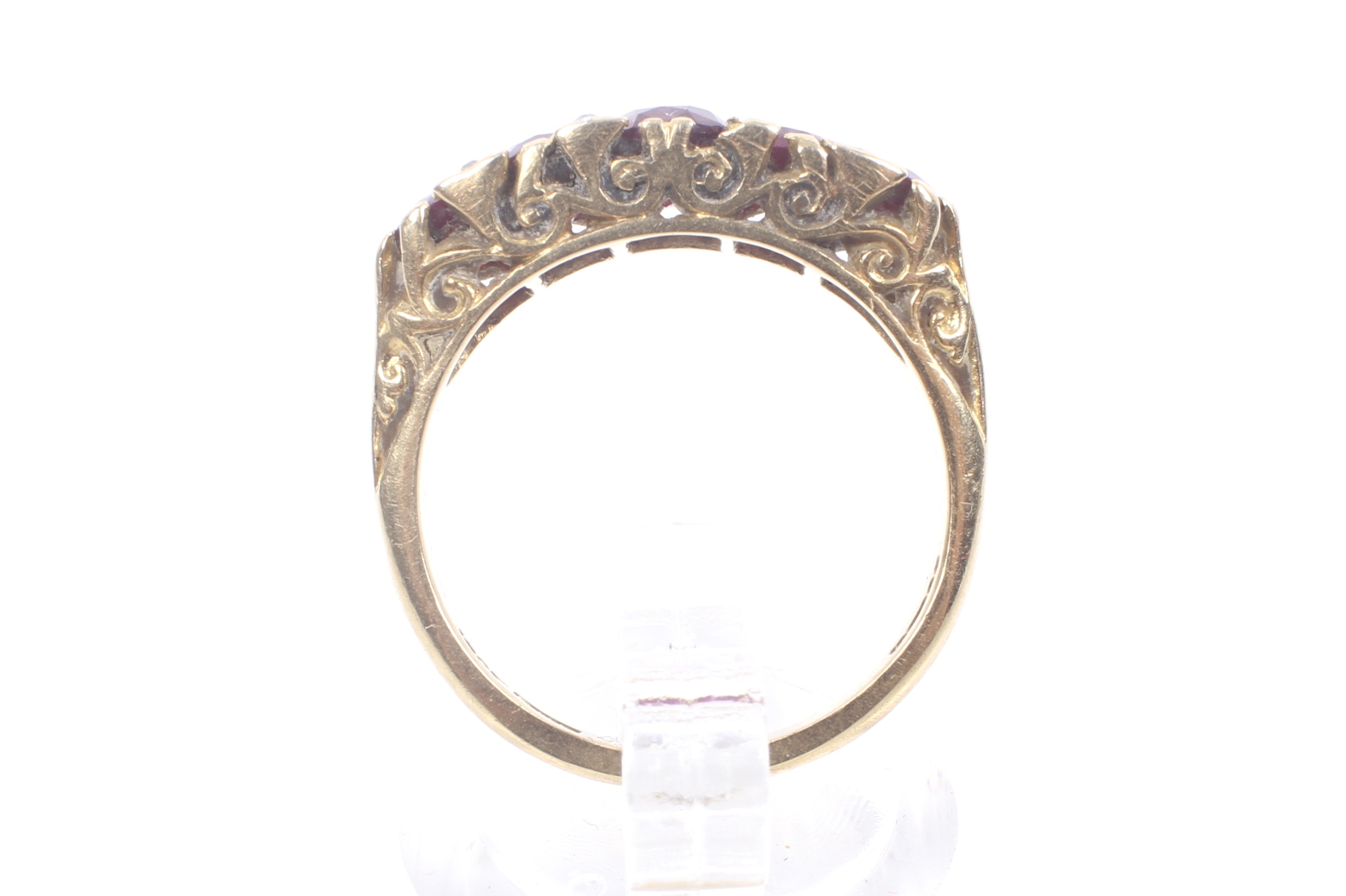 A vintage 18ct gold, ruby and diamond carved half-hoop ring in late Victorian style. - Image 7 of 8