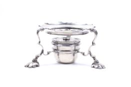 A George II silver brandy-pan stand and burner/lamp.