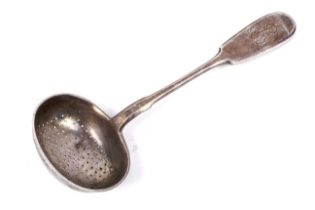 A late 19th century Russian silver fiddle pattern sifter ladle.